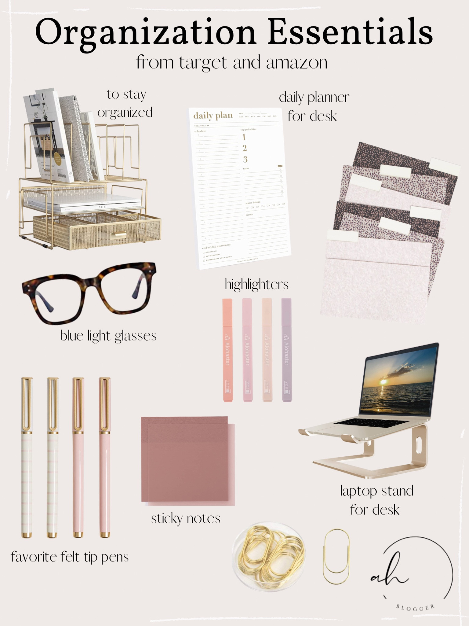 Amazon organization finds, desk top organization, productivity finds, file folders, felt tip pens, blue light glasses, highlighters, daily planner, gold desk caddy

#LTKunder100 #LTKFind #LTKhome