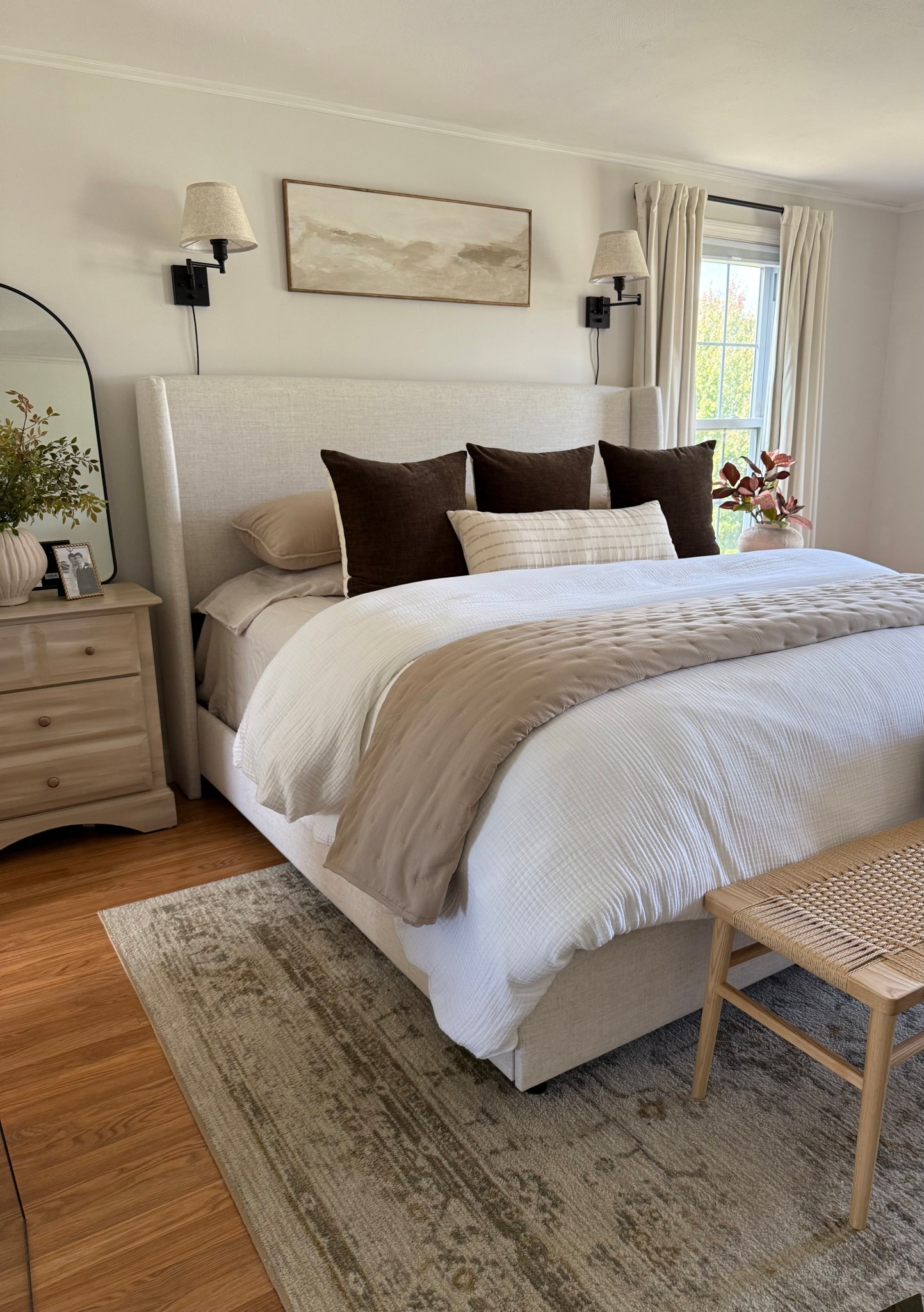 This linen bed is so beautiful in person and such a neutral perfect color. I love the high headboard and it goes so well in my neutral bedroom. I love having these two sconces above the headboard for when I want to read and they change colors with the remote

#LTKHome #LTKOver40 #LTKmomlife
