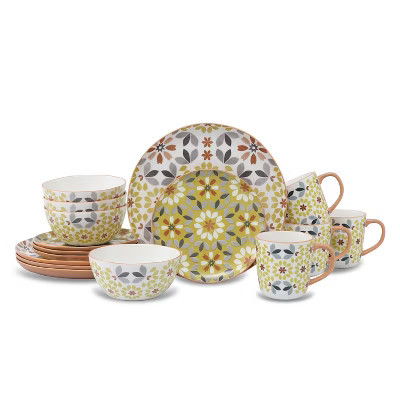 Lorren Home Trends 16-Piece Bone China Floral Dinnerware Set, Yellow and Gray Pattern, Dishwasher and Microwave Safe | Target