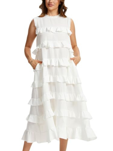 CUFEZN Women’s 2026 Summer Ruffle Maxi Dress Casual Flowy Sleeveless Tiered Flounces Long Dresses Beige Medium | Amazon (US)