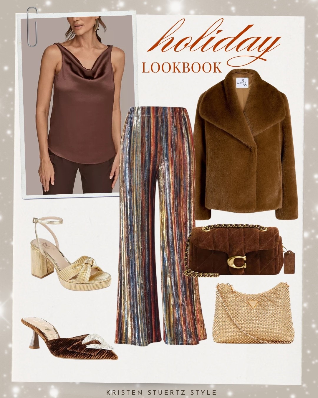 Holiday outfit inspiration: festive striped velvet crushed pants, Donna Karan cowl neck tank, Sam Edelman faux fur jacket, Giani Bini velvet mules, Jewel Badgley Mischka platform heels, Coach bag, and Guess gold handbag.

#faux fur jacket #winter outfits #holiday outfits 

#LTKootd #LTKHoliday