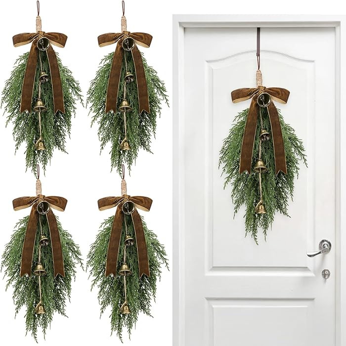 Shihanee 4 Pack Christmas Greenery Teardrop Swags - Artificial Cedar Swag Wreath with Velvet Ribb... | Amazon (US)