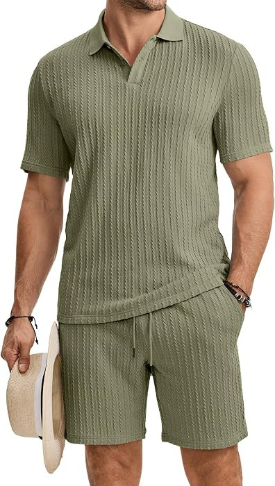 JMIERR Men's Summer Beach Outfits 2 Piece Jacquard Knit Lounge Short Sleeve Shirts & Shorts Vacat... | Amazon (US)