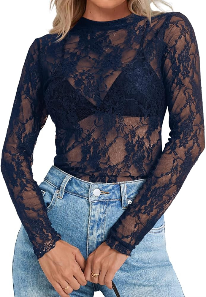 Elesomo Womens Mesh Long Sleeve Tops Mock Neck See Through Shirts Floral Lace Blouses | Amazon (US)
