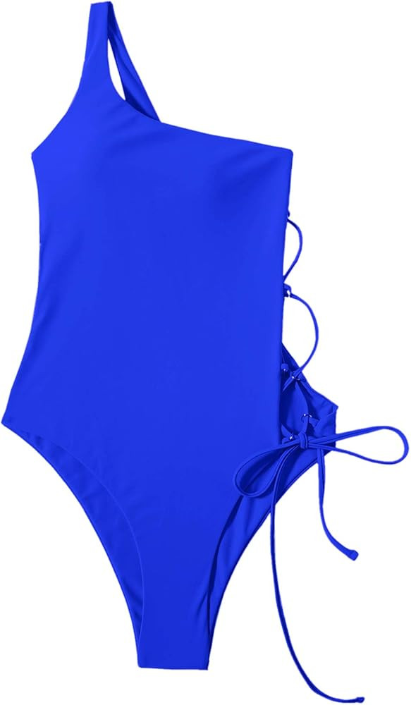 SweatyRocks Women's One Piece Swimsuits One Shoulder Swimwear Lace-up Side Monokinis Bathing Suit... | Amazon (US)