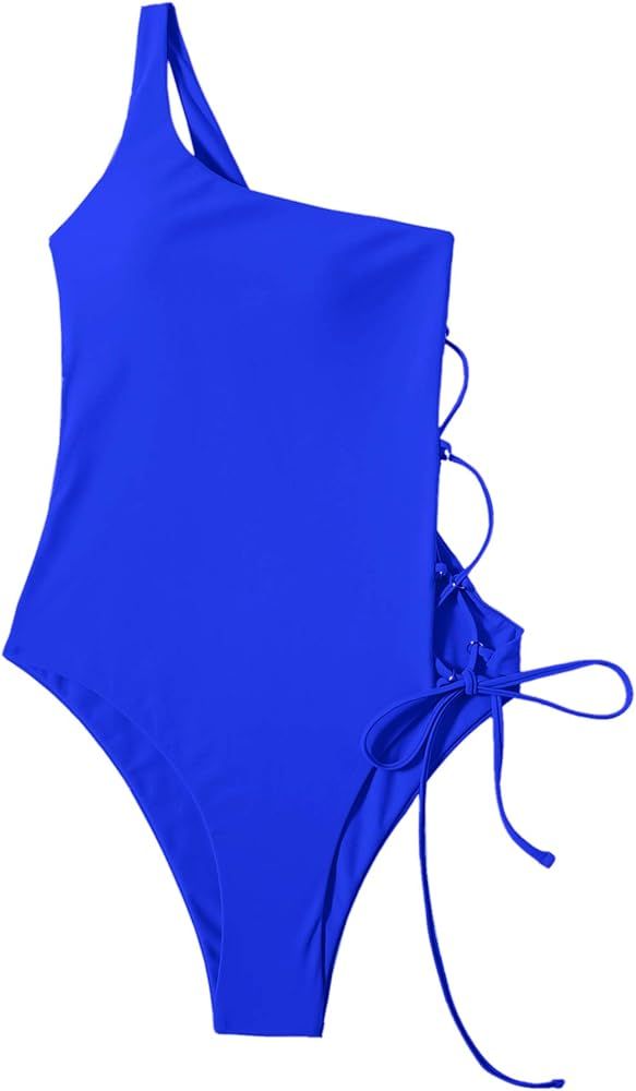 SweatyRocks Women's One Piece Swimsuits One Shoulder Swimwear Lace-up Side Monokinis Bathing Suit... | Amazon (US)