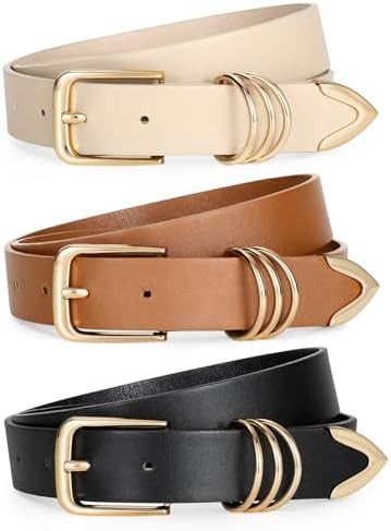 LEACOOLKEY 3 Pack Women's Leather Belts for Jeans Dress Pants Fashion Ladies Leather Belts with G... | Amazon (US)