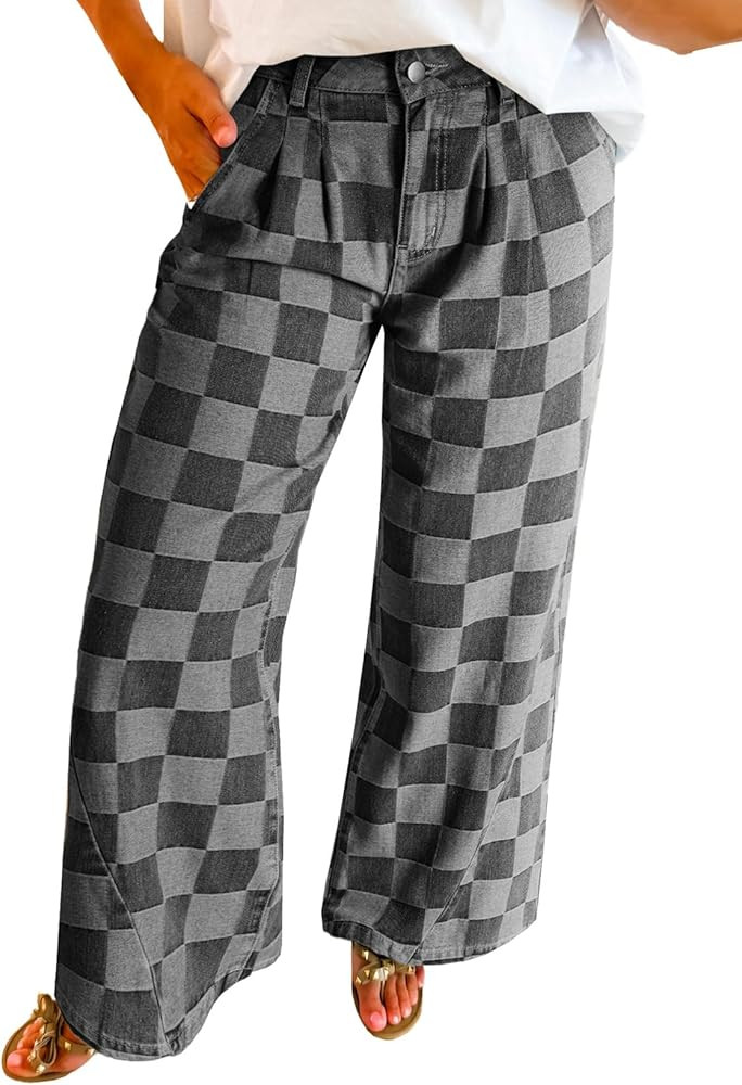 Xadsfeel Women's Checkered Jeans High Waist Baggy Wide Leg Denim Pants Y2k Elastic Waist Boyfrien... | Amazon (US)