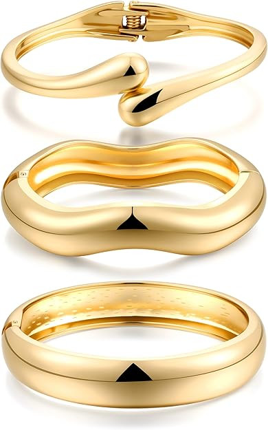 Chunky Gold Bangle Bracelets for Women, 14k Gold Plated Dainty Cuff Stackable Bangles Set, Trendy... | Amazon (US)