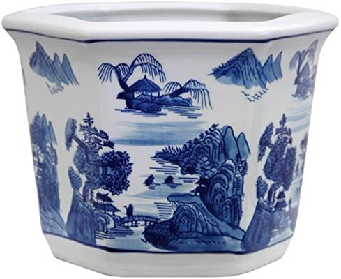 Oriental Furniture 10" Landscape Blue & White Porcelain Flower Pot | Amazon (US)