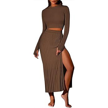Pink Queen Women's 2 Piece Sweater Outfits Set Long Sleeve Crop Top Ribbed Split Bodycon Midi Lon... | Amazon (US)