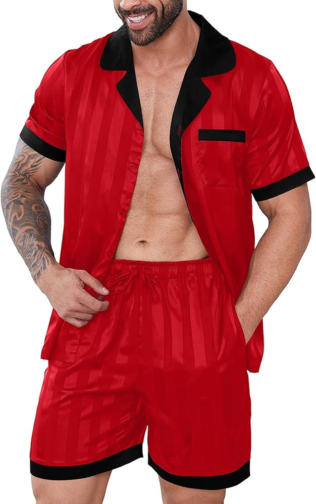 DEARCASE Mens Pajamas Set Satin Silk Pajama For Men Sleepwear Shorts Sexy Nightwear Button Down 2... | Amazon (US)