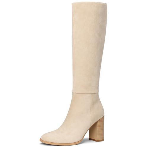 Lumeheel Beige Knee High Boots for Women - Round Toe Chunky Heel Suede Boots with Side Zip, Fashion Tall Boots for Fall Winter, Size 11 | Amazon (US)
