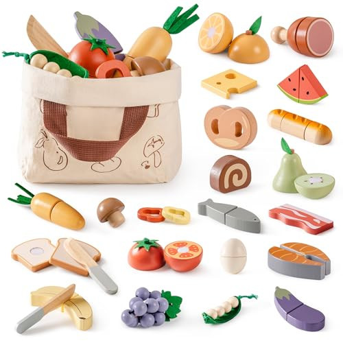 ROBOTIME Wooden Play Food 4-in-1 Cutting Set, Pretend Play Toy Food for Play Kitchen with Shopping Bag – Kids Kitchen Accessories, Wooden Play Food for Boys & Girls | Amazon (US)