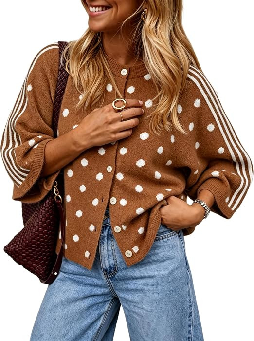 Yidarer Womens Oversized Polka Dot Cardigan Sweater Contrast Striped Sleeve | Amazon (US)