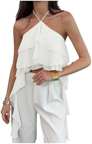 MakeMeChic Women's Ruffle Halter Tank Top Cute Flowy Y2k Going Out Tops | Amazon (US)