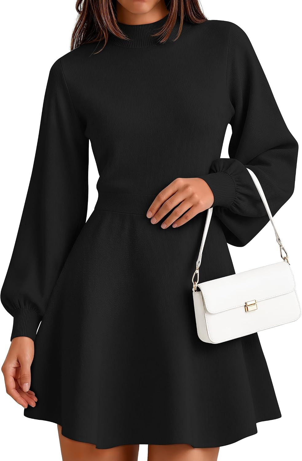 ZESICA Womens Fall Mock Neck Long Lantern Sleeve Sweater Mini Dress | Amazon (US)