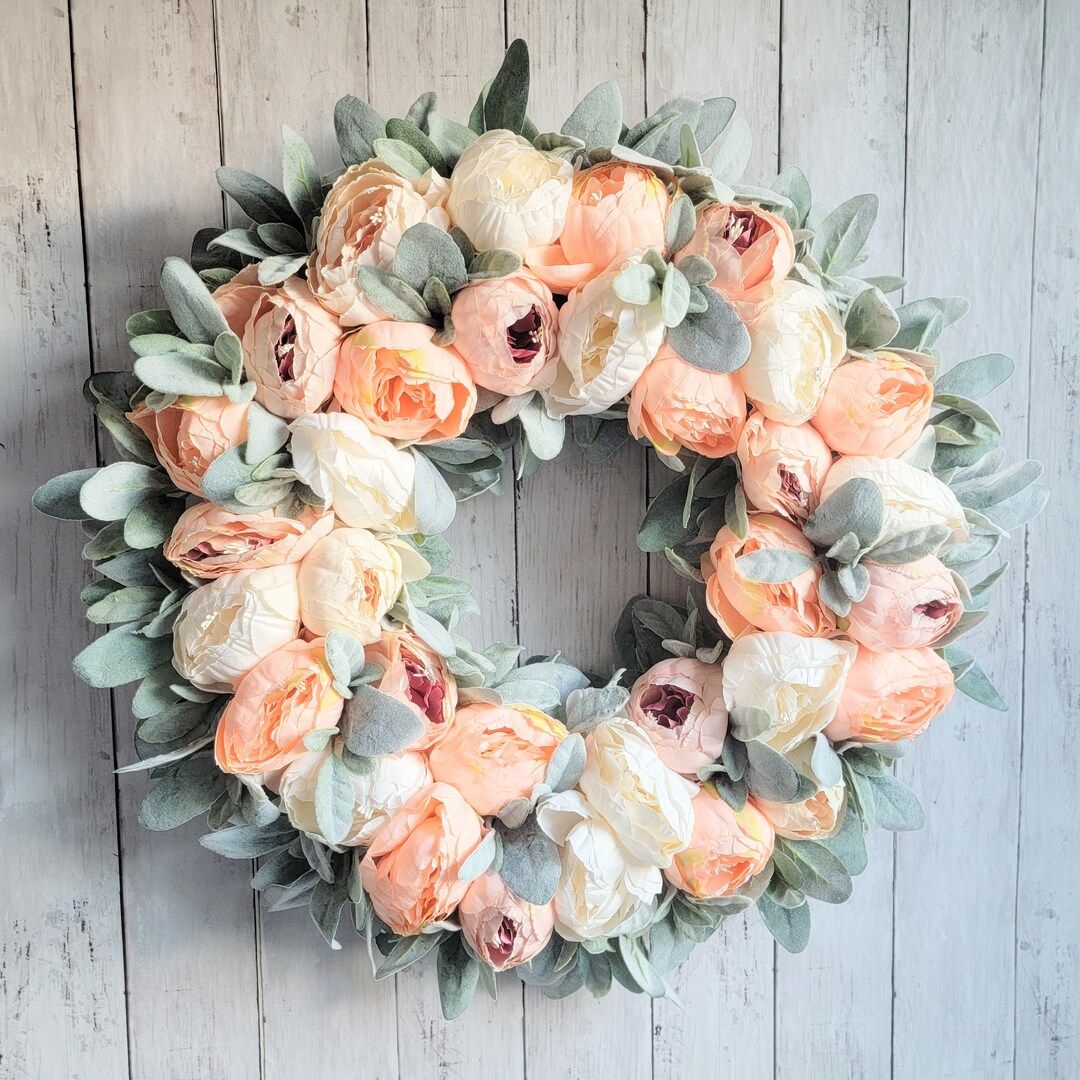 Spring Peach Door Wreath, Large Peony Wreath, Valentine's Gift, Farmhouse Wreath - Etsy | Etsy (US)