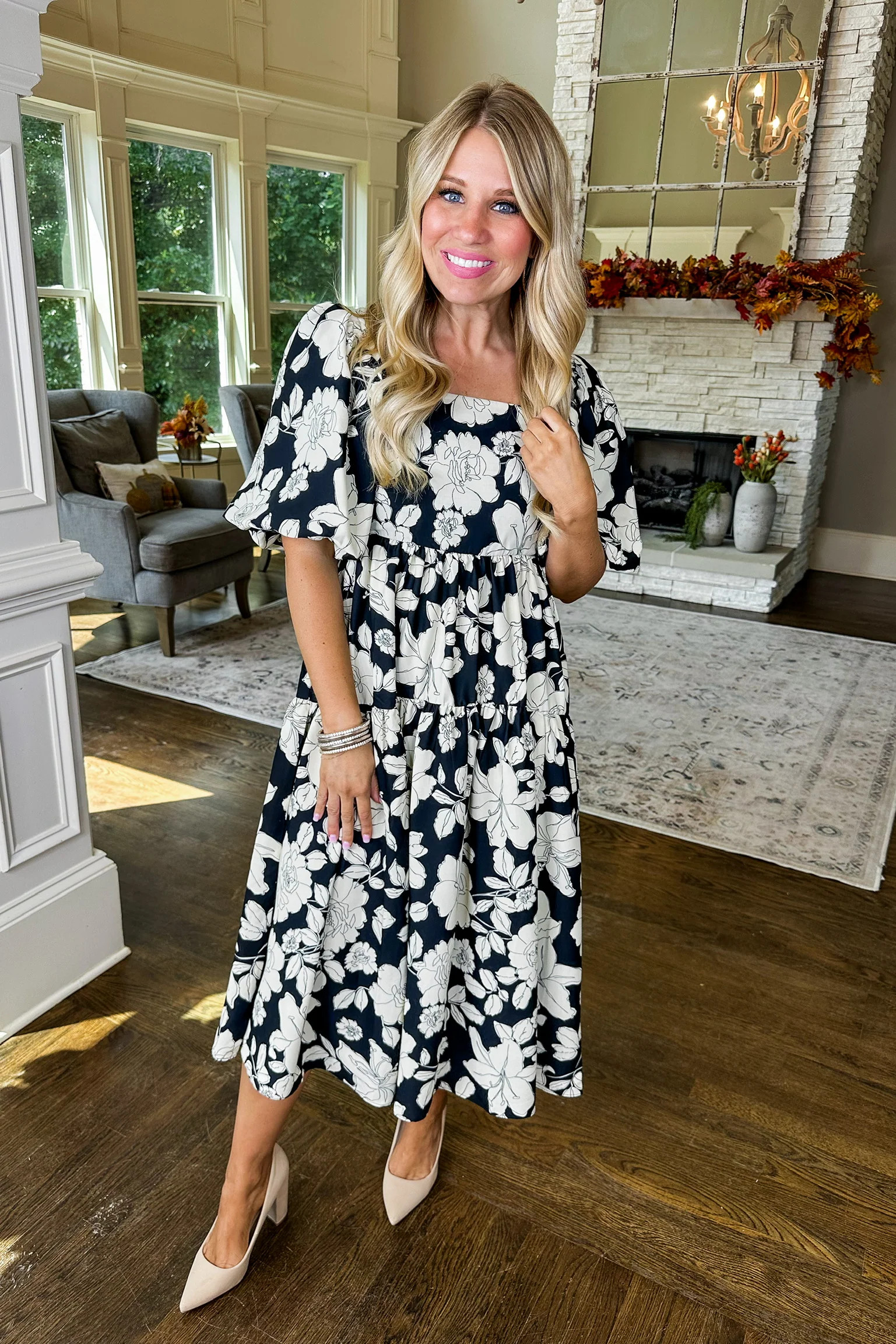 Square Neck Floral Puff Sleeve Midi Dress in Black/White | Jules & James Boutique