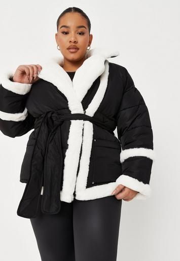 Missguided - Plus Size Black Faux Fur Trim Belted Puffer Coat | Missguided (US & CA)