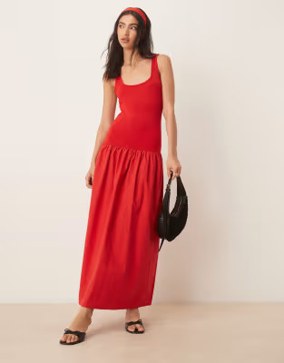 ASOS DESIGN poplin mix maxi dress with square neck in red | ASOS (Global)
