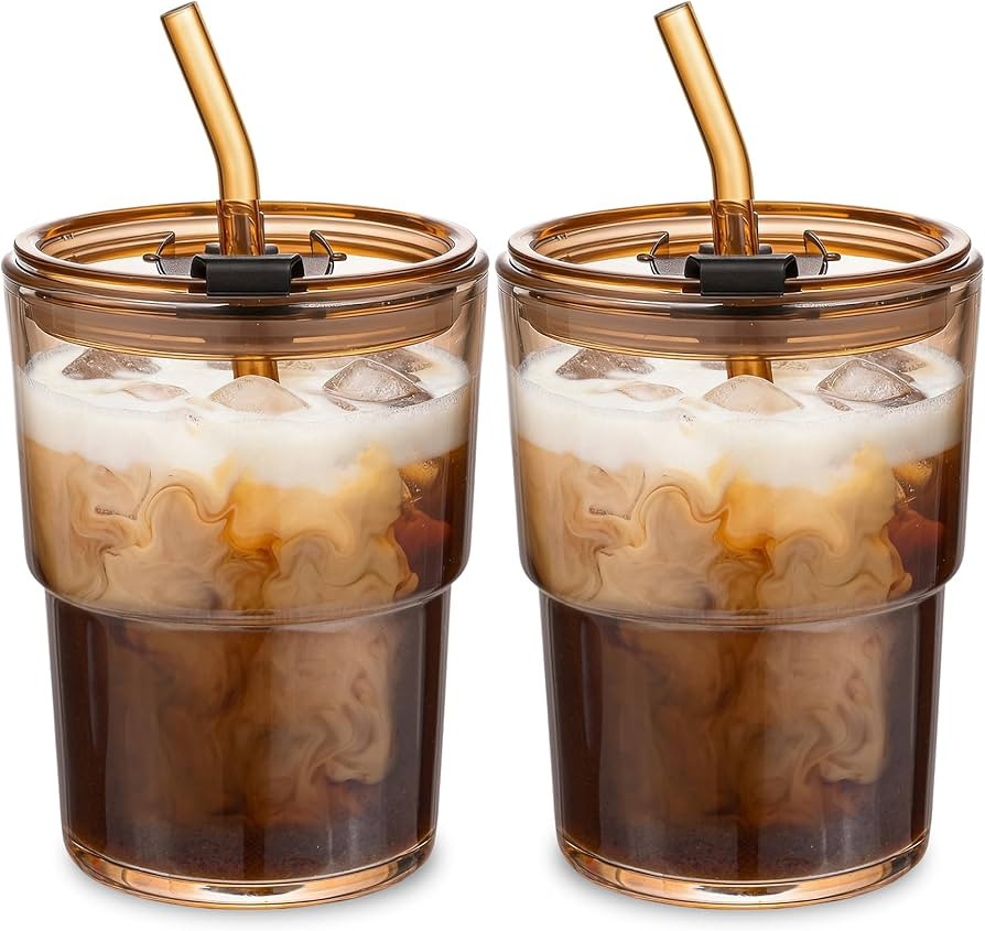 13oz Glass Coffee Tumbler with Straw and Lid, Reusable Iced Coffee Cups, Matcha Smoothies Cup, Th... | Amazon (US)