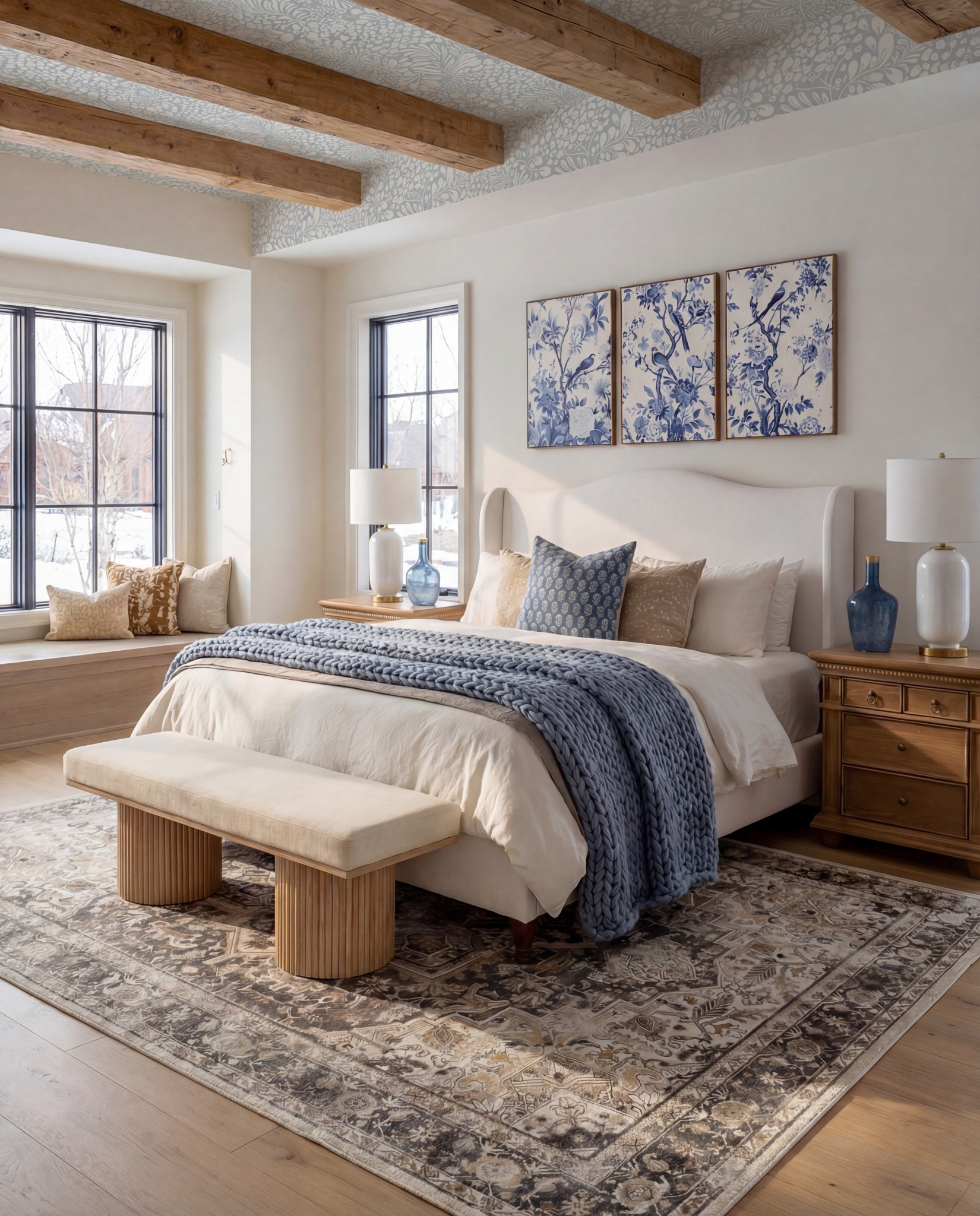 Shop the Look:
• Upholstered bed frame (soft ivory fabric)
• White bedding set (cotton or linen)
• Chunky knit throw blanket (dusty blue)
• Blue and ivory accent pillows
• Wood nightstands (warm oak tone)
• Ceramic table lamps (white with brass detail)
• Blue glass decorative bottles
• Framed blue botanical wall art (set of three)
• Upholstered bench with fluted wood base
• Vintage-style area rug (beige, taupe, muted blue)
•White decor books
•Wood Decor beads 

#LTKHome #LTKSaleAlert #LTKFindsUnder100