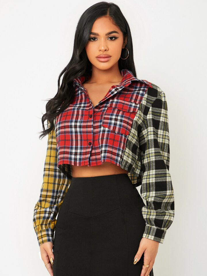 SHEIN PETITE Tartan Button Through Crop Shirt | SHEIN