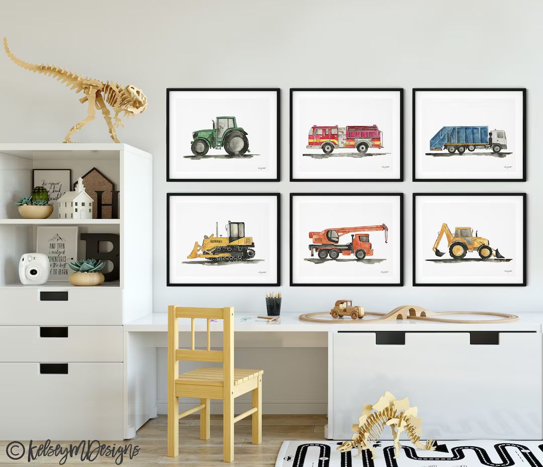 Set of 6 Construction Vehicle Prints, Kids Gallery Wall Set, Truck Wall Art, Transportation Print... | Etsy (US)