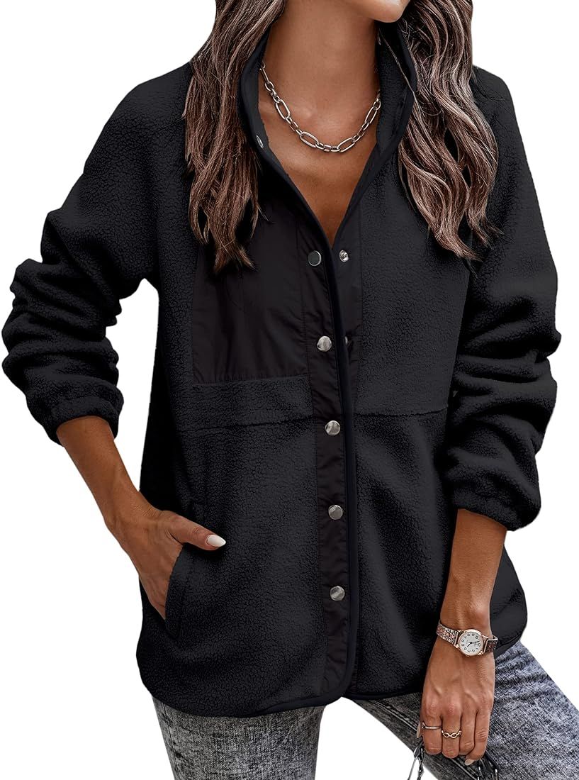 ECOWISH Women Fleece Jackets Button Down Coat Long Sleeve Sherpa Fuzzy Outwear With Pockets | Amazon (US)