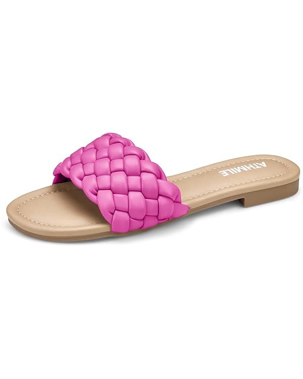 ATHMILE Sandals Women Dressy Summer Flat Comfortable Fashion Beach Cute Ladies Slides Leather Cas... | Amazon (US)