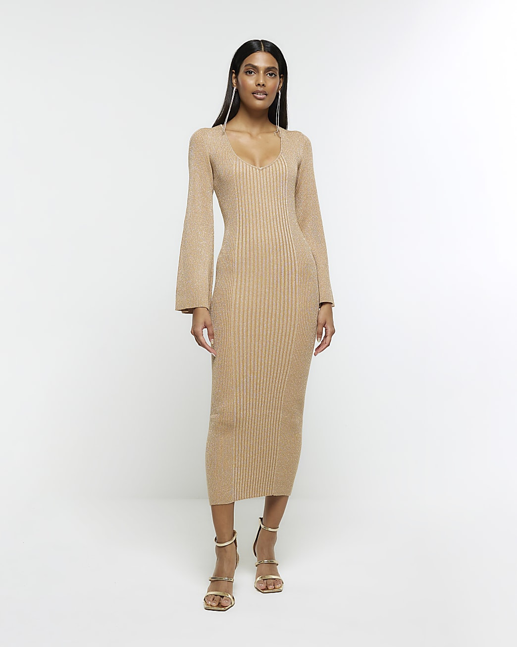 Gold long sleeve jumper midi dress | River Island (UK & IE)