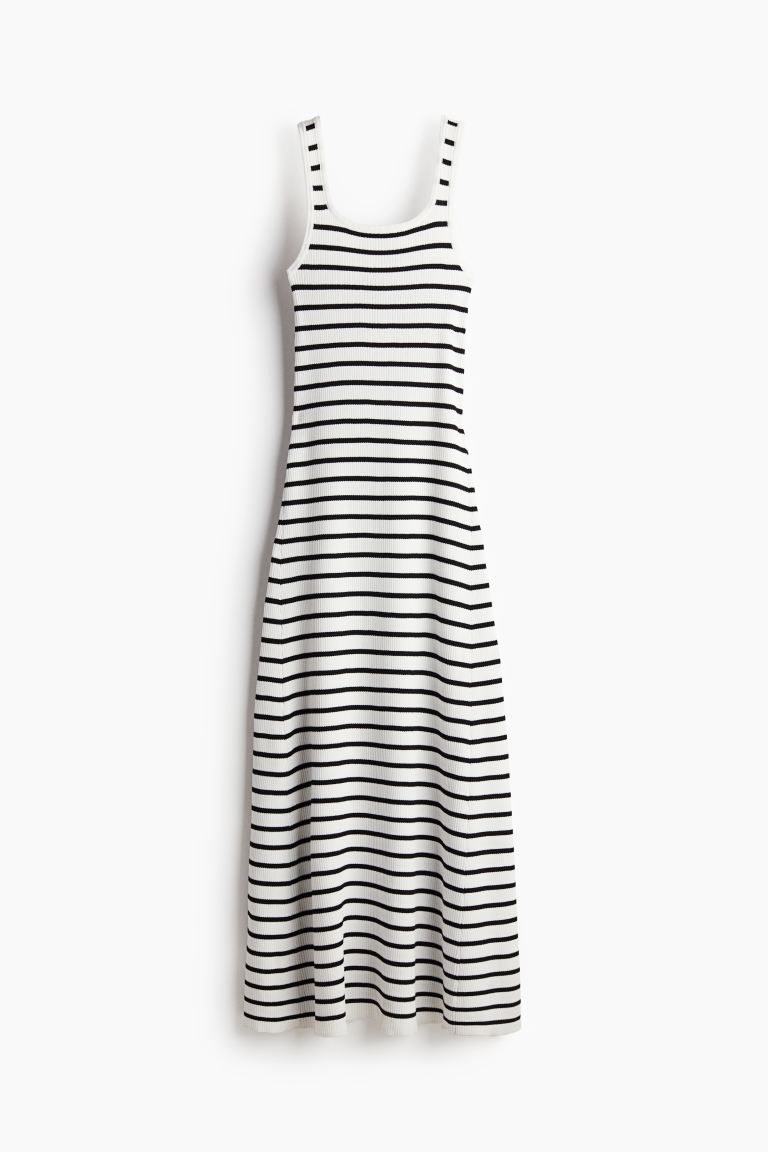 Rib-knit Dress with Flared Skirt - Low-cut Neckline - Sleeveless - White/striped - Ladies | H&M U... | H&M (US + CA)