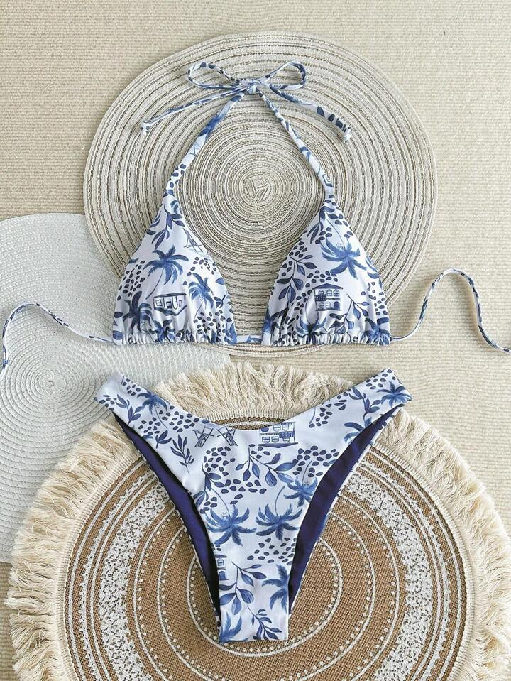 Women's Vacation Style Printed Halter Triangle Bikini Two-Piece Set, Suitable For Island Vacation Photography, For Summer Beach | SHEIN