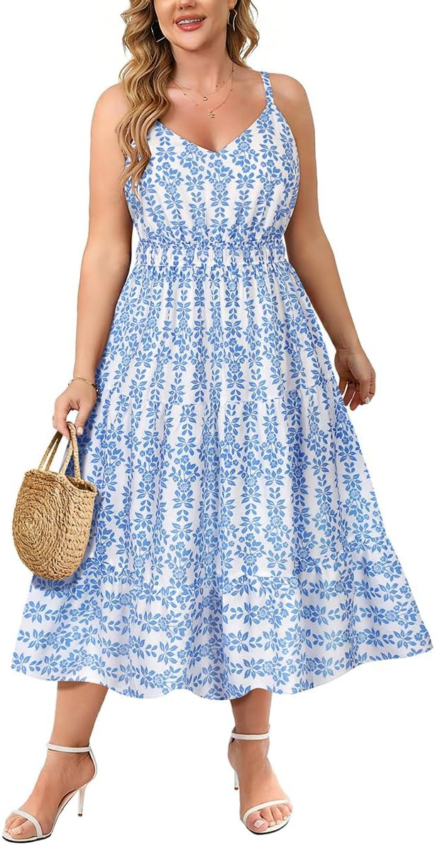 RITERA Plus Size Dresses for Women Sleeveless Spahetti Straps Maxi Dresses V Neck Flowy Pocket Su... | Amazon (US)