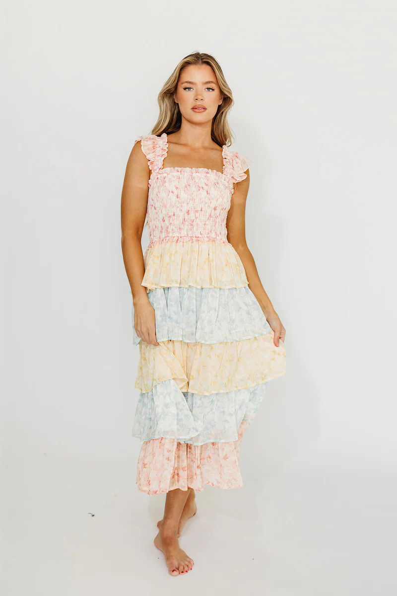 Myla Ruffle Tiered Midi Dress in Pink Multi | Worth Collective