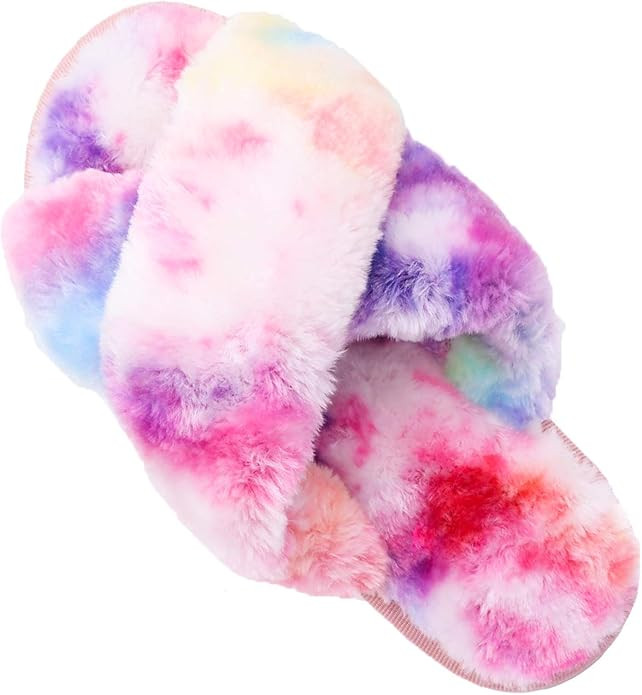 Womens House Fuzzy Slippers Leopard Cross Band Soft Plush Fluffy Slippers Furry Fleece Slip on S... | Amazon (US)