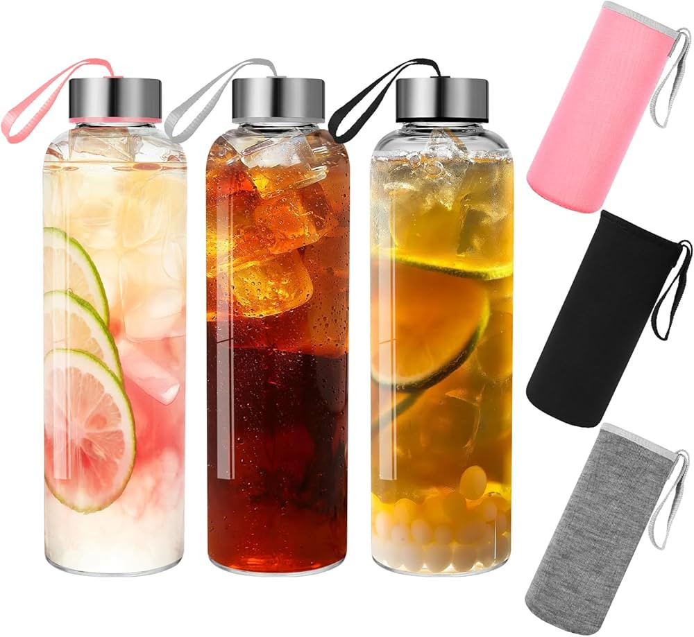 GoldArea Glass Water Bottles with Sleeve - 3 Packs 18oz Glass Bottles with Lids - Ideal for Juice... | Amazon (US)
