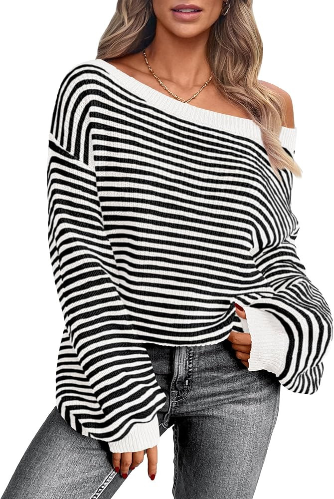 Zenlonr Women's 2024 Fall Winter Striped Sweater Long Sleeve Off Shoulder Loose Knit Pullover Top... | Amazon (US)