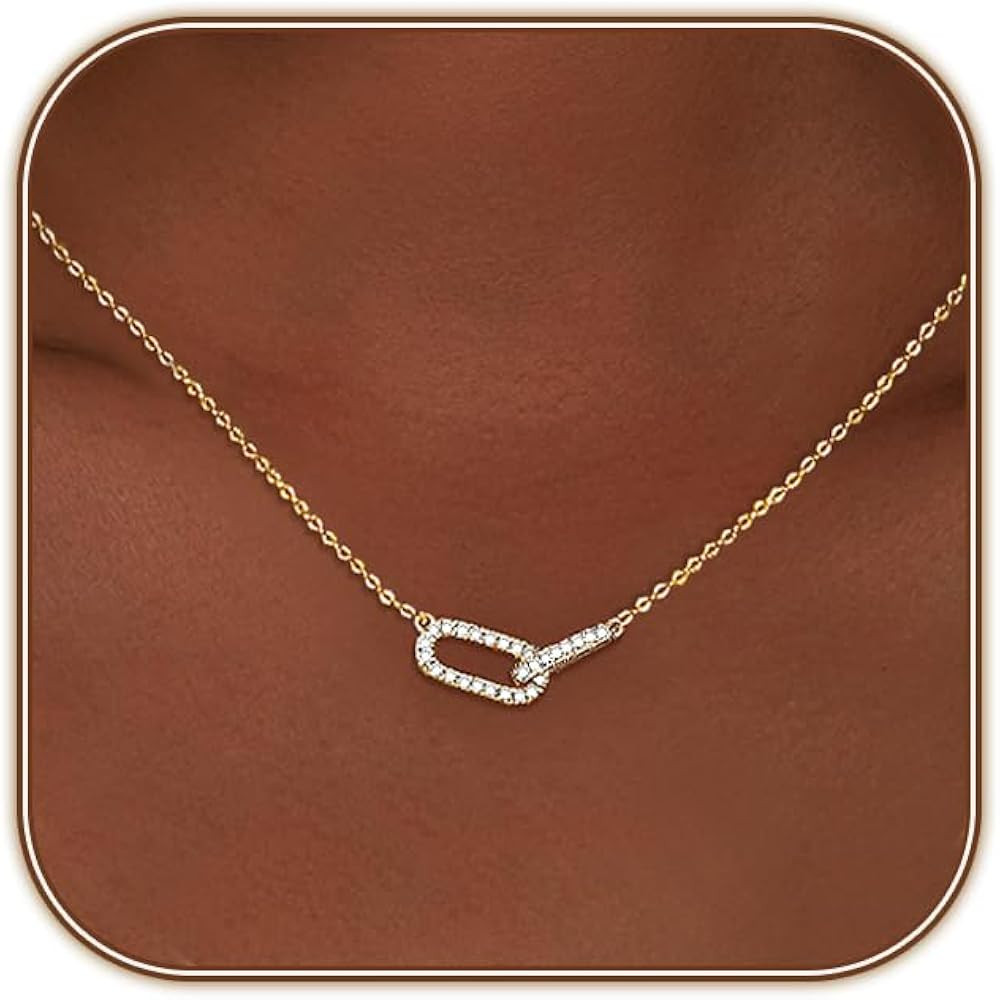 HERIER Diamond Pendant Necklace for Women, Dainty Gold Necklace 14k Gold Plated Paperclip Choker ... | Amazon (US)