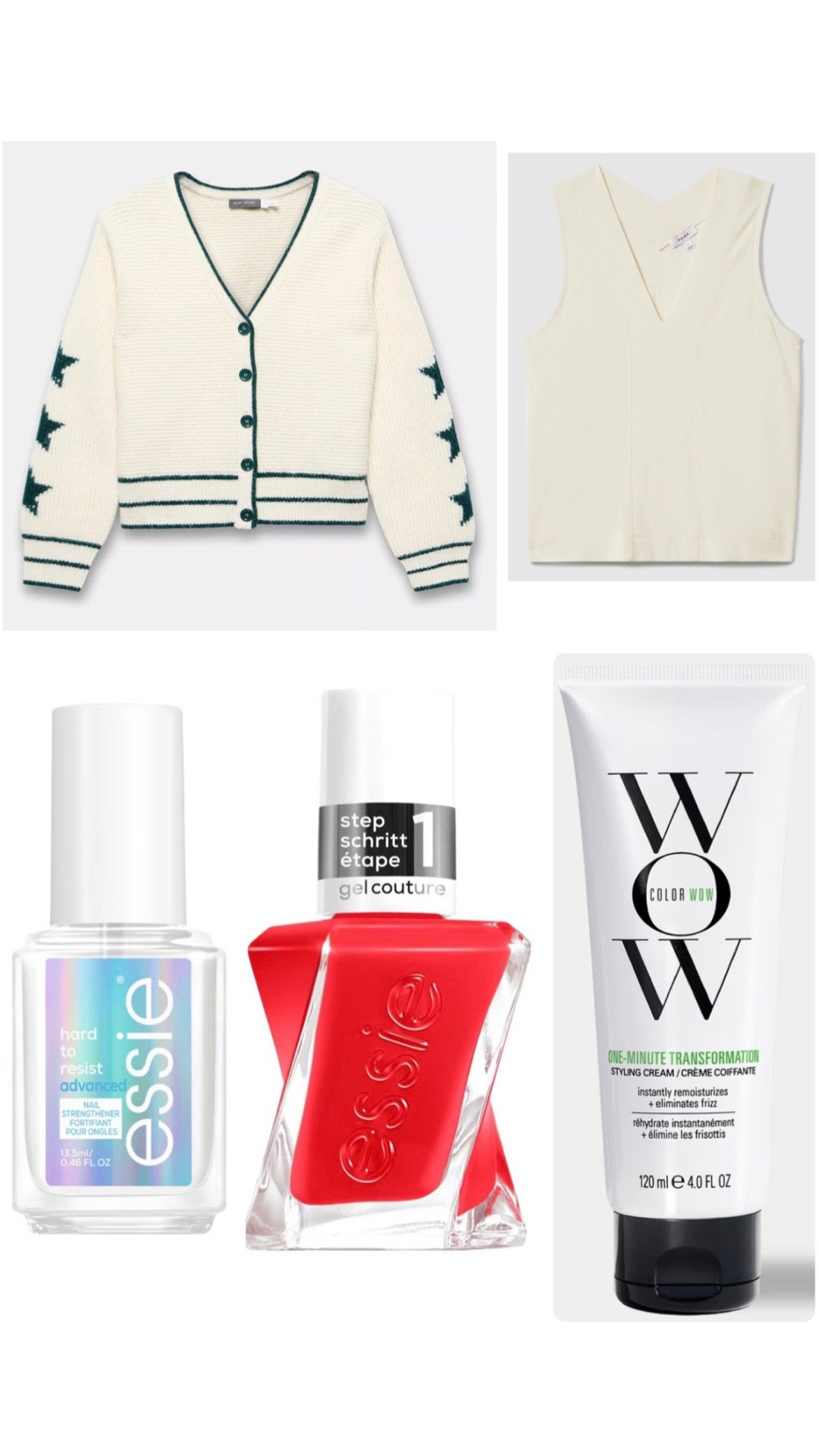 Today I’m showing you my recent purchases from ESSIE, nail couture gel in Rock The Runway and Sizzling Hot and the Hard To Resist Nail Strengthener which I refer to as base coat in the video!
I’m really enjoying the COLOR WOW One Minute Transformation Styling Cream.
I’m wearing a star cardigan from MINT VELVET and a v-neck shell top in ivory from REISS.

#LTKbeauty #LTKuk #LTKstyletip