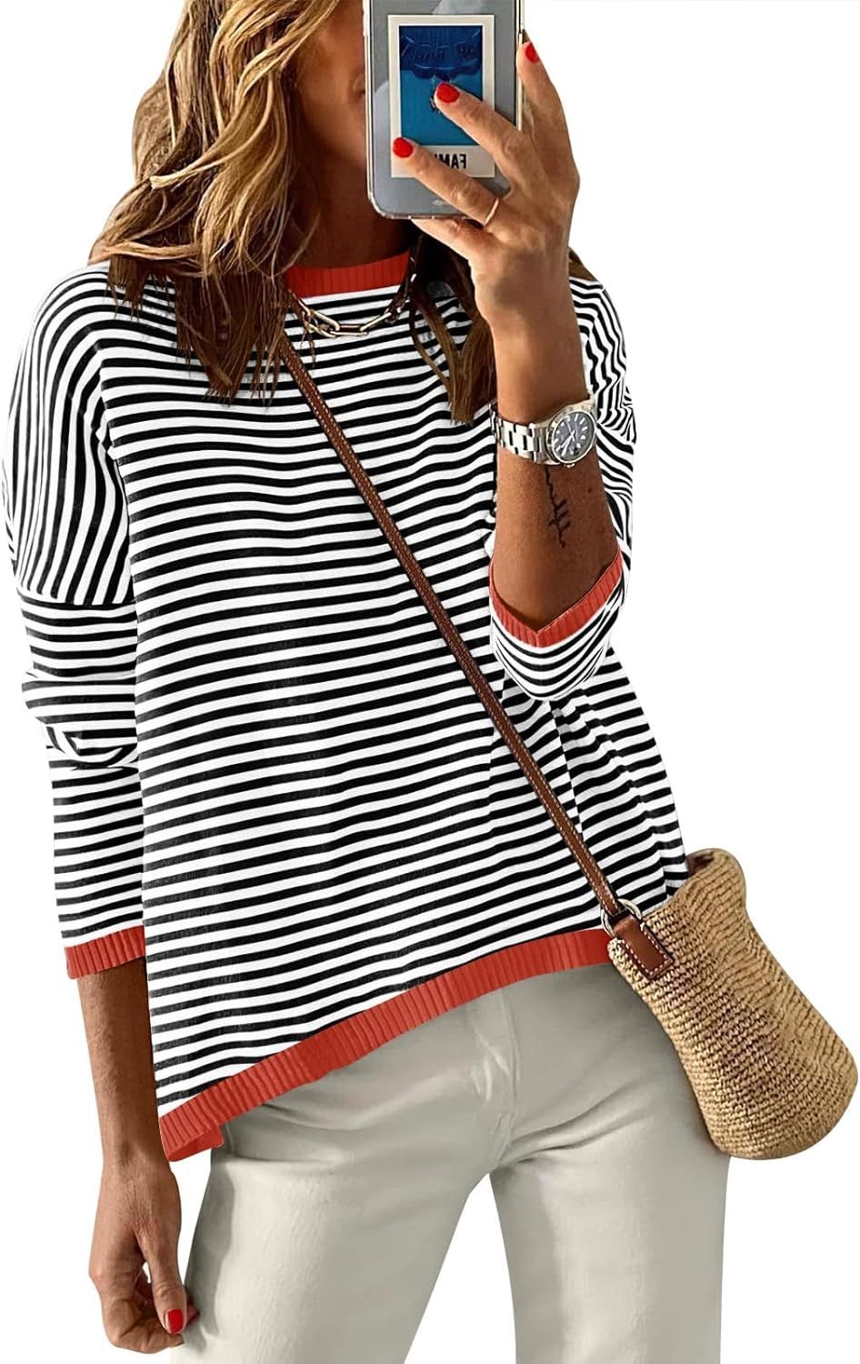 ANRABESS Womens Sweaters Crewneck Long Sleeve Striped Color Block Casual Knitted Pullover 2023 Fa... | Amazon (US)