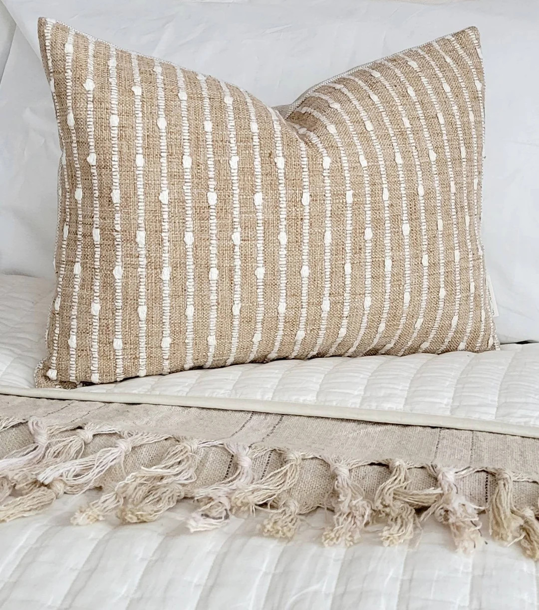 Modern Farmhouse Textured Pillow, Small Lumbar 12x17 Pillow, Camel Woven Pillow With White Knot D... | Etsy (US)