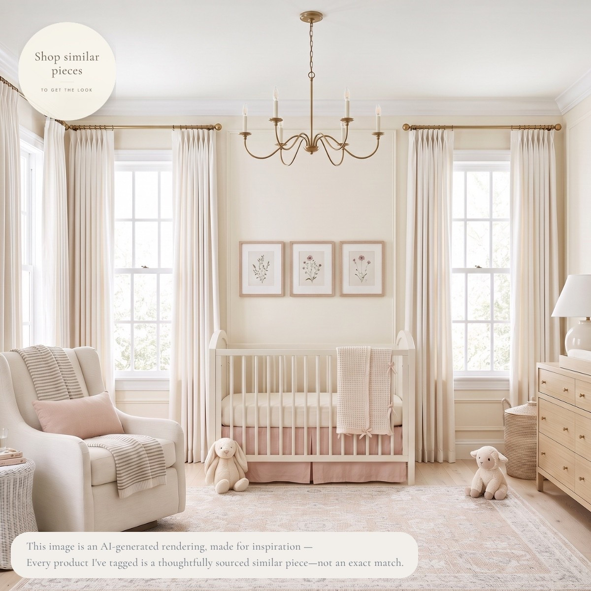Soft blush, warm brass, creamy neutrals, and the sweetest little details. 🤍

I love how calm this nursery feels without being completely neutral. The blush crib skirt and pillow add just enough color, while the light wood dresser, classic brass chandelier, soft rug, and tailored drapery keep everything feeling timeless.

I’ve tagged thoughtfully sourced similar pieces to help recreate the look.

AI-generated design concept for inspiration • Tagged products are thoughtfully sourced similar pieces, not exact matches • Affiliate links may be used. As an Amazon Associate, I earn from qualifying purchases.

#LTKHome #LTKBaby
