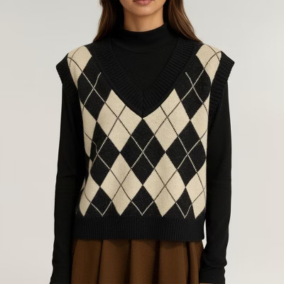Anna-Kaci Women's Argyle Knit Sweater Vest with V Neck Sleeveless Design and Ribbed Hem - Black | Target