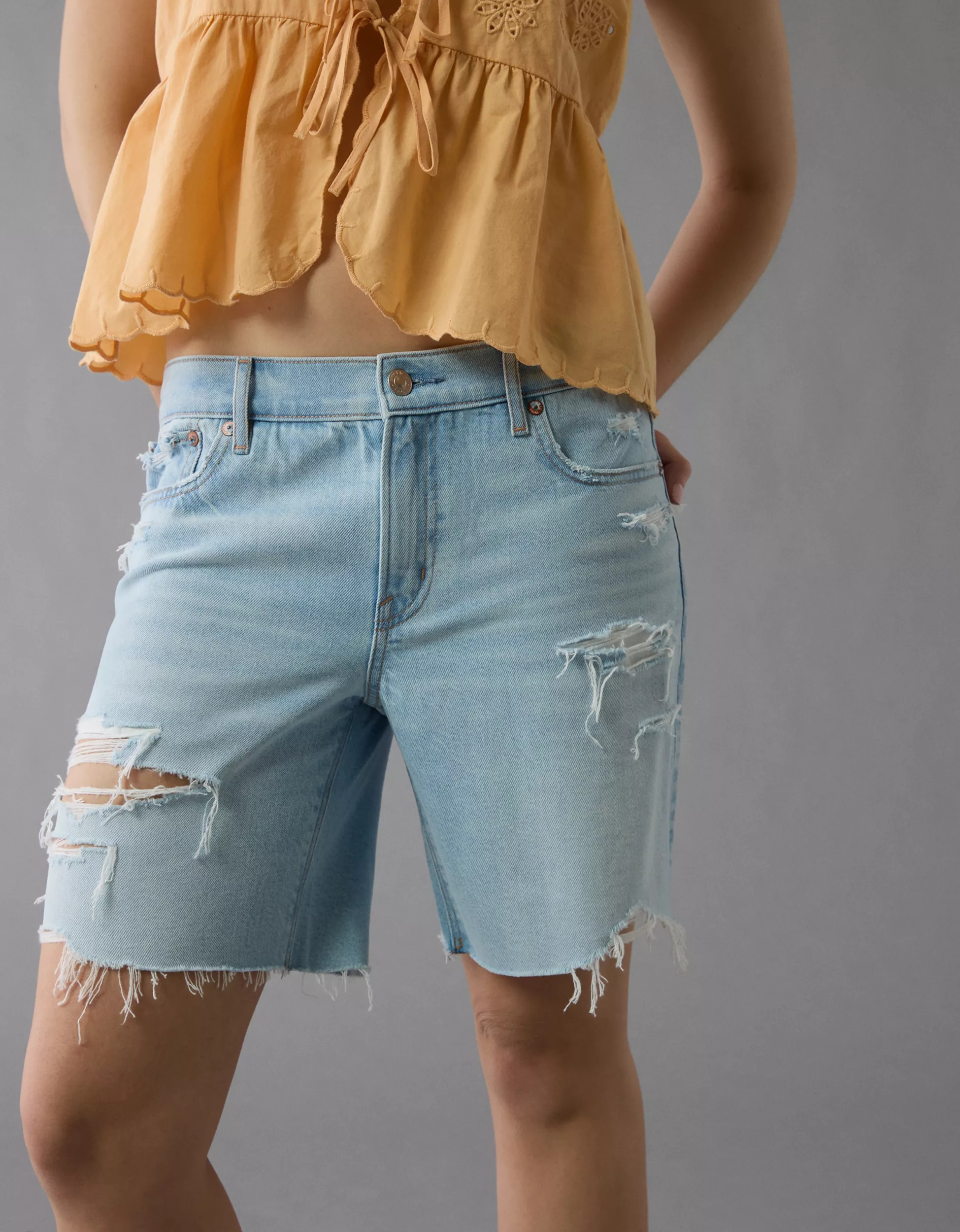 AE Strigid Ripped 8" Perfect Denim Bermuda Short | American Eagle Outfitters (US & CA)
