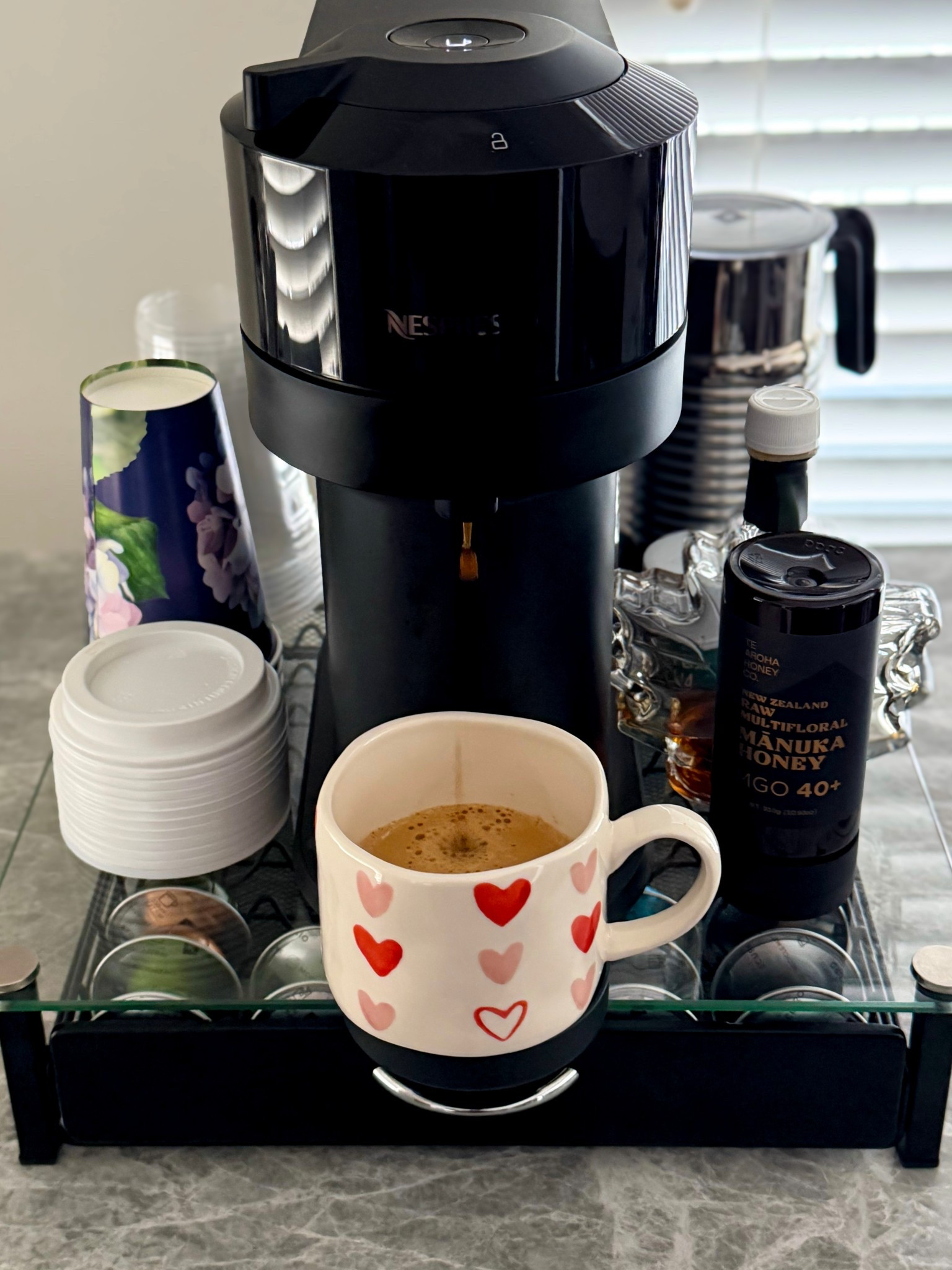 Coffee station, at home coffee bar, pink and red hearts mug, ceramic mug, Valentine’s Day home finds, coffee machine, milk frother, coffee pod holder

#LTKValentine #LTKHome