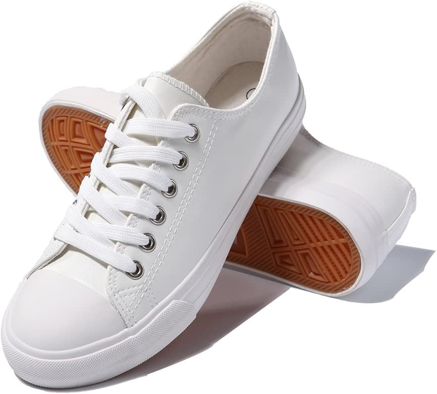 Womens Fashion PU Leather Sneakers Low Top Lace up Canvas Shoes | Amazon (US)