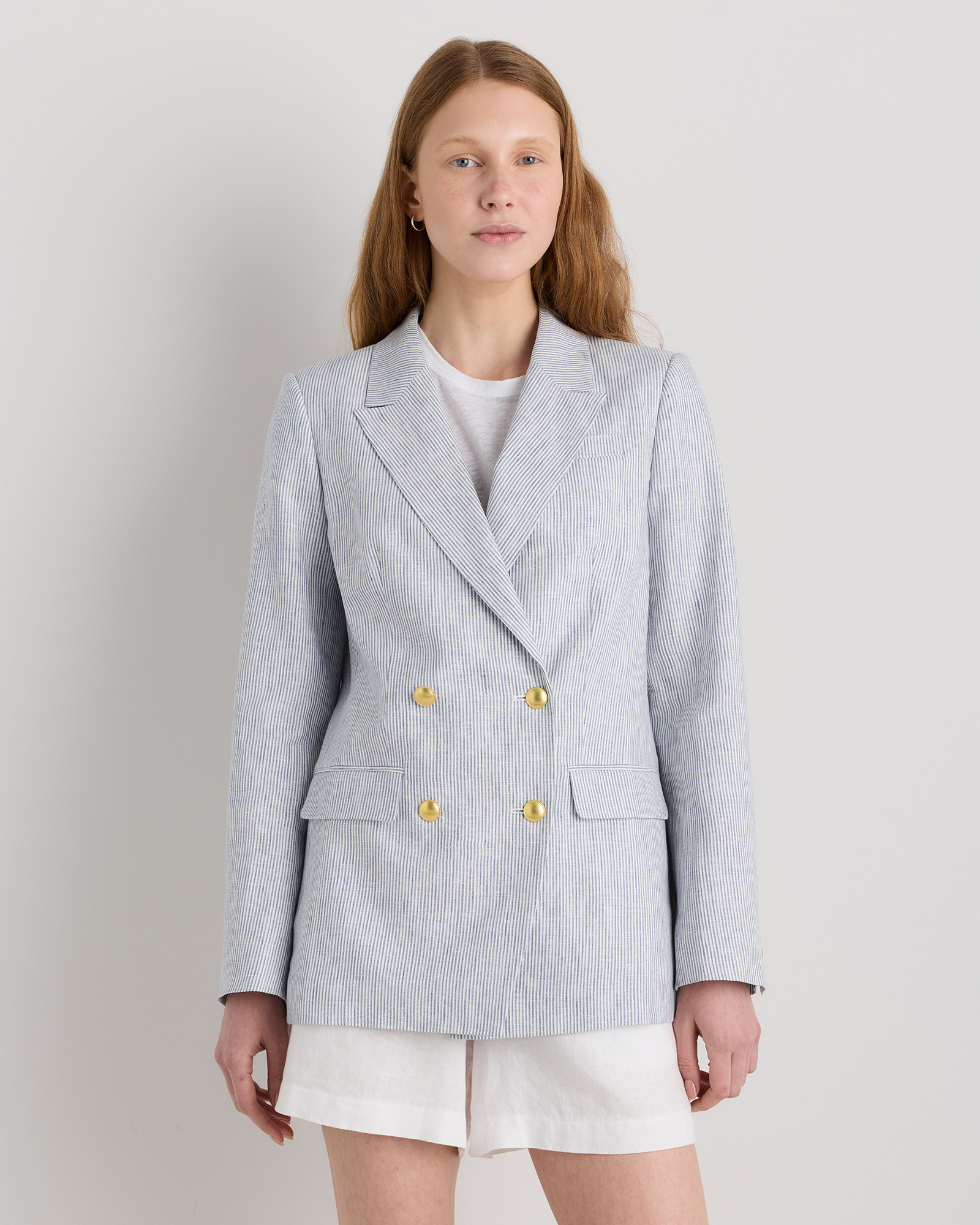 Quince | Women's 100% European Linen Relaxed Double-Breasted Blazer in Blue Pinstripe, Size XS | Quince