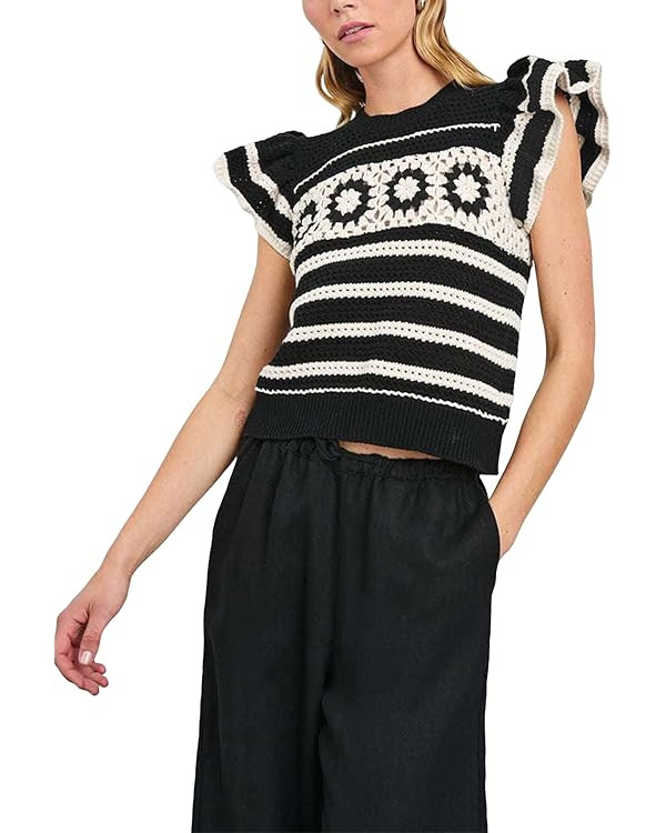Yeokou Womens Crochet Sweater Top Short Flutter Sleeve Crew Neck Summer Casual Knit Tank Pullover... | Amazon (US)